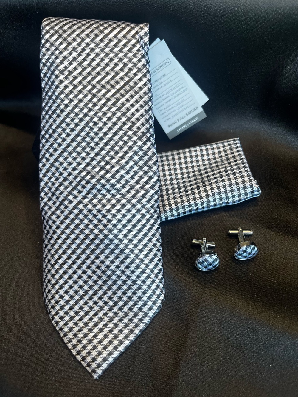 Men's Black & White Check Tie Set with Pocket Square and Cufflinks